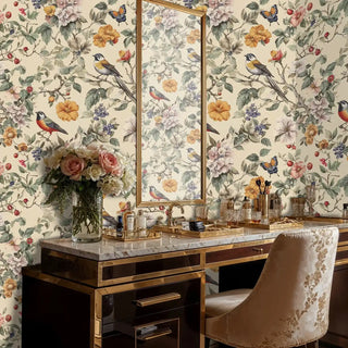 Botanical wallpaper with birds and butterflies among flowers shown in elegant dressing room with marble vanity