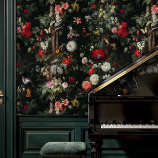 Botanical wallpaper with vivid florals and birds on dark background, in an elegant room with grand piano and green wainscoting