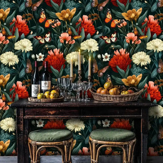 Butterfly garden wallpaper featuring colorful butterflies and vibrant florals in a dining room with vintage table