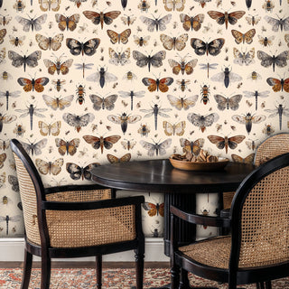 butterfly naturalist wallpaper featuring dragonflies and moths, shown in dining room with black table