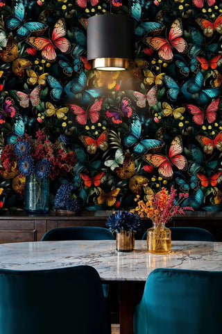 Butterfly wallpaper featuring tropical butterflies and florals in elegant dining room with marble table