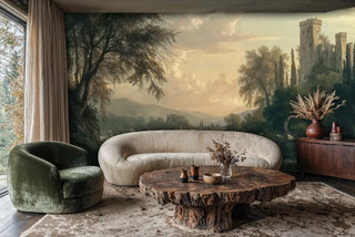 Castle river valley mural with weeping willows and towers, displayed in modern living room with curved sofa