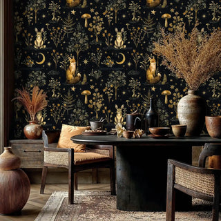Celestial animal wallpaper featuring rabbits and golden mushrooms in rustic dining space with pottery