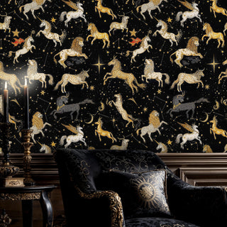 Celestial creature wallpaper featuring stars and lions in elegant room with ornate dark furniture