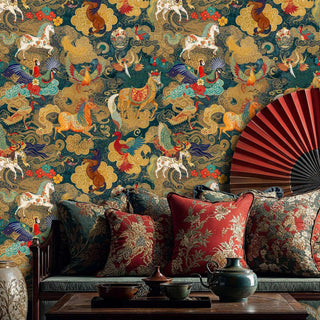 Celestial creatures wallpaper with golden horses and phoenixes on teal, shown in elegant living room with red fan
