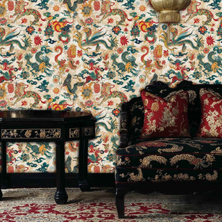 Celestial dragon phoenix wallpaper with traditional motifs and gold accents, shown in formal sitting room with ornate furniture