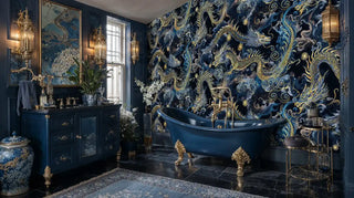 Celestial dragon wall mural featuring golden serpentine forms and blue cosmic clouds, shown in luxurious bathroom with clawfoot tub