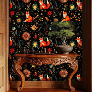 celestial fox wallpaper with botanical elements, shown in refined space with ornate wooden console table
