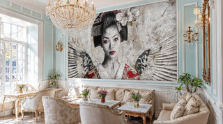 Celestial geisha wallpaper with cherry blossoms in elegant salon with crystal chandelier