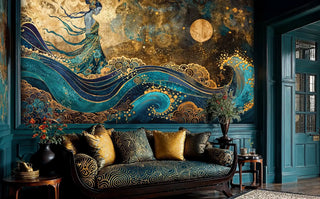 Celestial goddess wall mural with golden waves and cosmic elements in teal and gold, displayed in elegant living room