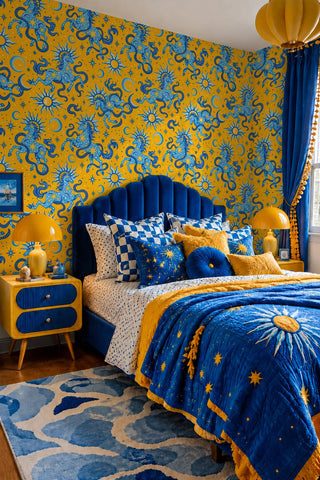 Celestial horse pattern wallpaper in yellow and blue, in a bedroom with navy velvet headboard and sun quilt