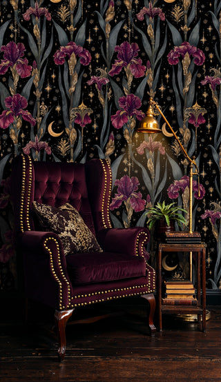 Celestial iris wallpaper featuring detailed purple flowers and moon motifs in luxurious living room with brass lamp
