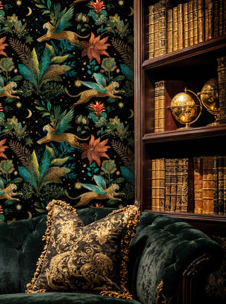 celestial jungle wallpaper with winged leopards and golden stars, shown in elegant library with leather books