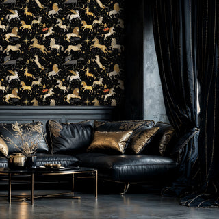 Celestial mythical creature wallpaper displayed in luxury living room with black leather sofa