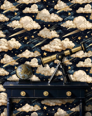 celestial night sky wallpaper with gold shooting stars in study room featuring brass telescope