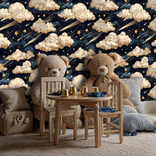 celestial wallpaper with gold clouds and shooting stars on navy background in cozy kids room with teddy bears