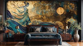 Celestial wave pattern wall mural with goddess motif, featured in sophisticated bedroom with wooden furniture