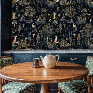 Celestial woodland wallpaper with golden details in modern kitchen with marble countertops