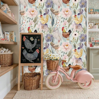 Charming chicken wallpaper with farm animals and flowers, displayed in playful nursery with stuffed whale toy