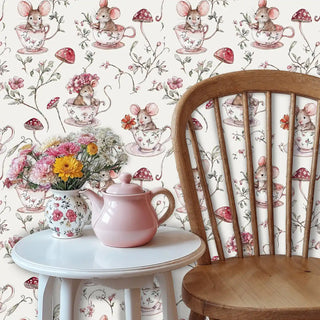 Charming mice tea party wallpaper with florals and mushrooms in dining nook with wooden chair and pink teapot