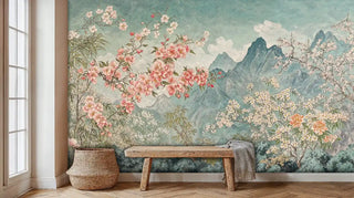 Cherry blossom mountain wallpaper in minimalist entryway with wooden bench and woven basket
