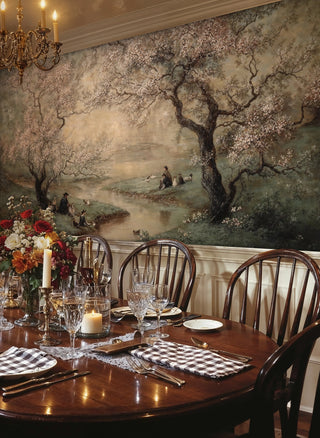 Cherry blossom wall mural with lake and period figures in dining room with crystal chandelier