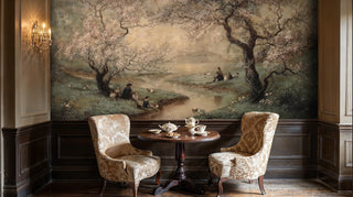 Cherry blossom wall mural with lakeside scene and period figures in formal dining room with upholstered chairs