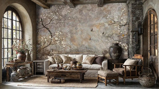 Cherry blossom wall mural with white blooms and flying birds on textured stone background in rustic living room with exposed beams