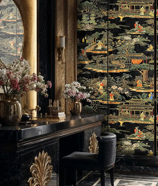 Chinese garden wallpaper featuring elegant figures and pavilions on black, shown in luxurious bathroom