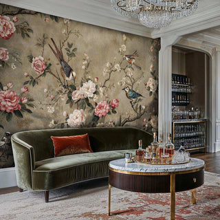 Chinoiserie bird and peony Wall Mural in beige and pink, shown with a crystal chandelier.