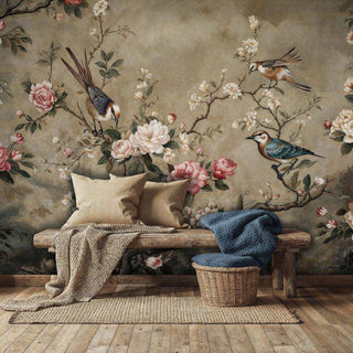 Chinoiserie bird and peony Wall Mural in beige and pink, shown with bench and woven basket.