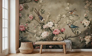Chinoiserie bird and peony Wall Mural with ivory and pink blooms, shown by window and bench.