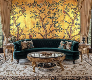 Chinoiserie bird wallpaper in gold tones displayed in opulent sitting room with curved green velvet sofa