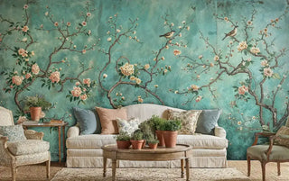 Chinoiserie blossom Wall Mural in a traditional living room setting, featuring a beige sofa and a coffee table with potted plants.