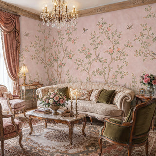 Chinoiserie blush wall mural with delicate blooms and birds, shown in a grand living room with marble coffee table