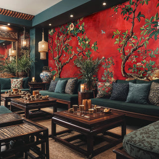 Chinoiserie botanical wall mural with birds and flowering branches on red background in Asian-inspired living room