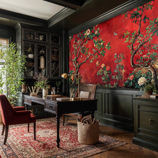 Chinoiserie floral wallpaper with songbirds on crimson background in sophisticated home office with dark cabinetry