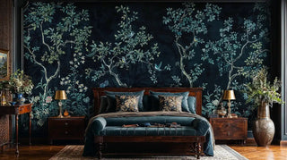Chinoiserie garden birds wall mural with flowering branches and songbirds on navy, shown in elegant bedroom with antique bed