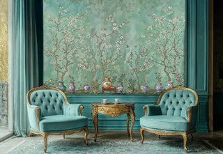 Chinoiserie garden wall mural featuring cherry blossoms and porcelain vases in jade green, displayed in formal sitting