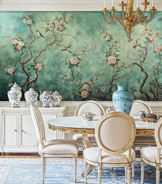 Chinoiserie garden Wall Mural featuring delicate birds and blossoms, shown in formal dining room with gold chandelier