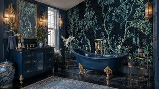 Chinoiserie garden wall mural with birds and florals, displayed in opulent bathroom with clawfoot tub and brass fixtures
