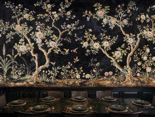 Chinoiserie garden Wall Mural with birds and flowering trees on black background, in elegant dining room