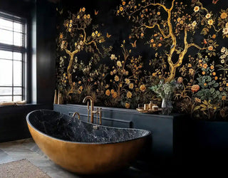 Chinoiserie garden wallpaper featuring flowering branches in luxury bathroom with copper bathtub