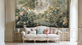 Chinoiserie landscape wall mural with cranes and peonies in green and ivory, above a sofa