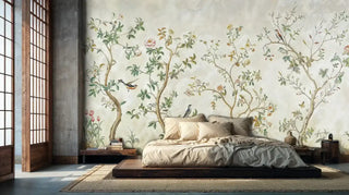 Chinoiserie mural with trees and birds in ivory and green, shown with a low platform bed and jute rug