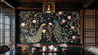 Chinoiserie peacock and peony wall mural on black background, displayed in a traditional teahouse with lattice screens
