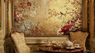 Chinoiserie peony and bird mural, gold and red, aged finish, with a tea set