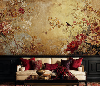 Chinoiserie peony and bird mural, gold and red, antique style, behind a cream sofa