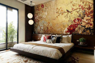 Chinoiserie peony and bird mural, gold and red, behind a platform bed with lanterns
