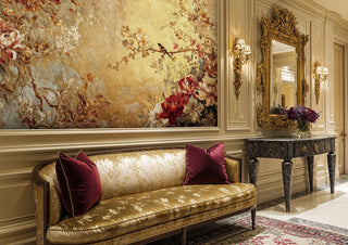 Chinoiserie peony and bird mural, gold and red, with gold mirror and marble console
